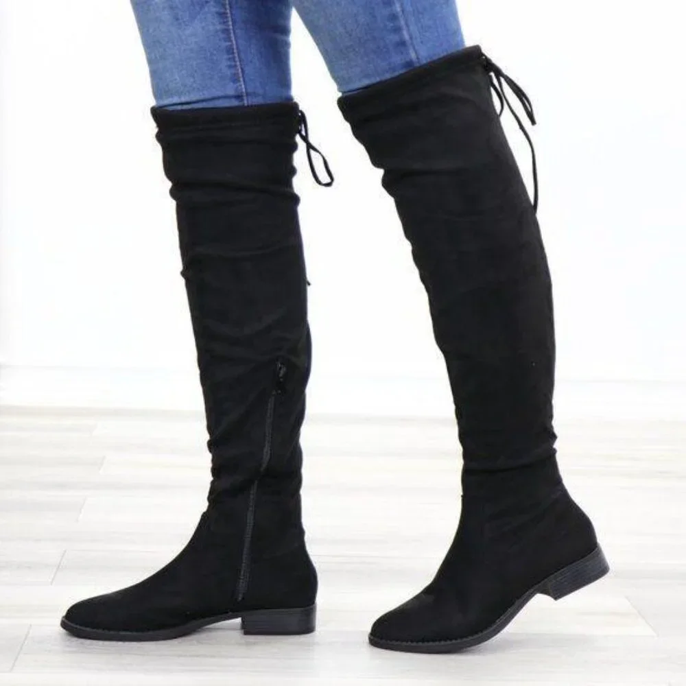 Black Suede Over the Knee Boots Low Heel Tie Back Detail